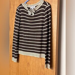 St. John Brown and Cream Striped V-Neck Sweater with Gold Bow